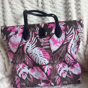 Furla Large Tote Printed Canvas Dark Leather Handles Pink Multicolor Gold
